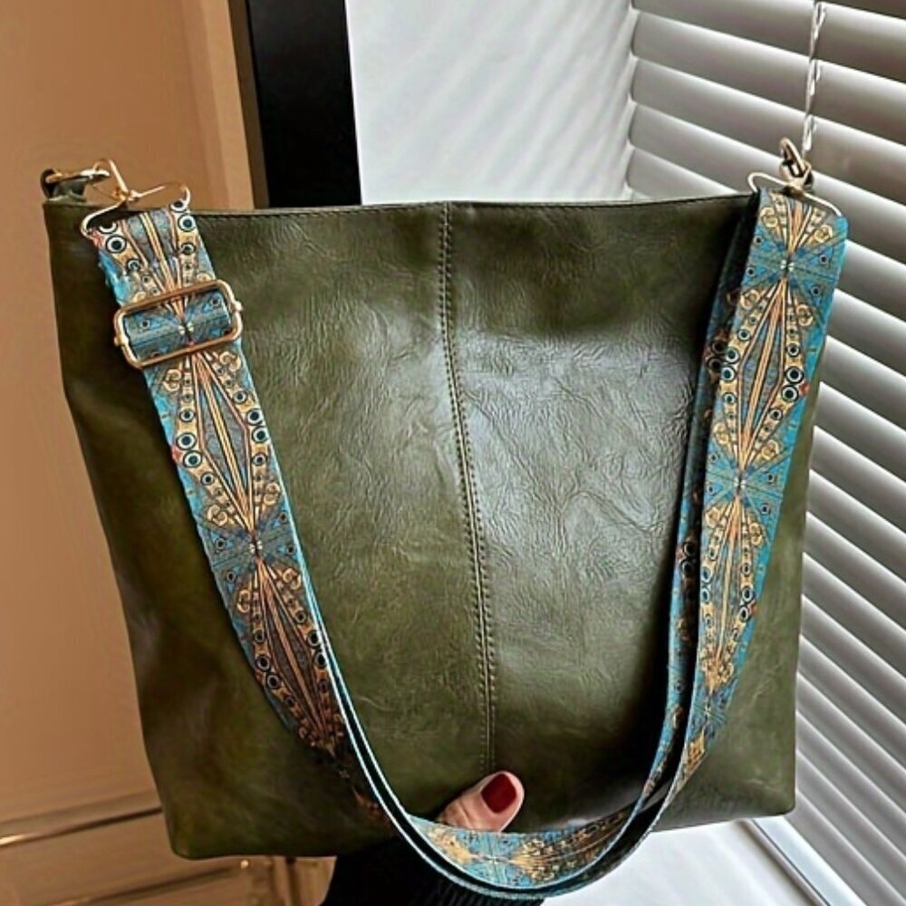 Olive Green Vegan Leather Crossbody Bag Boho Wide Strap Travel Purse